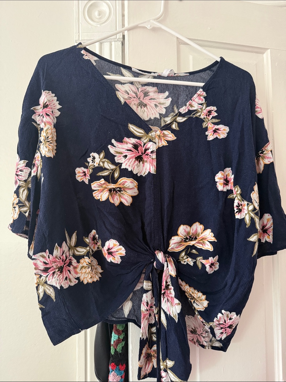 Navy Floral Tie-Front V-Neck Tunic Top
